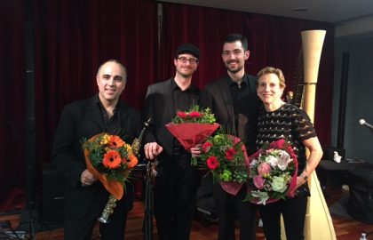 L-R: Sylvain del Campo (soprano sax), Alex Trampas (bass), Clément Cliquet (drums), Felice Pomeranz
