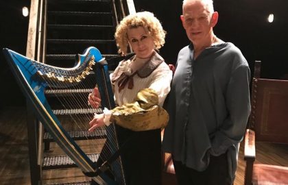 Llinos Daniel with Sir Ian McKellen and the Camac electro harp