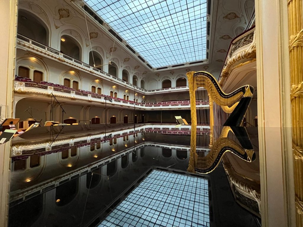 "The hall is so magical, so pretty"...  The orchestra's new Art nouveau harp, in its new home in the Laeiszhalle.